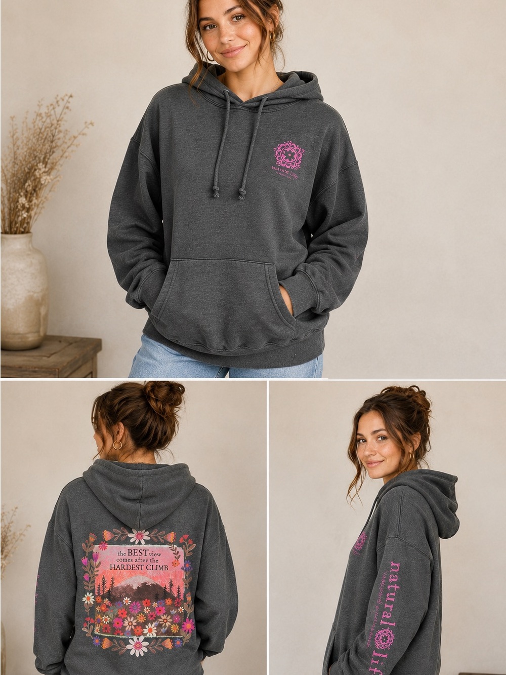 Natural Life “The Best View” Graphic Hoodie Charcoal Gray Size Small Relaxed Fit